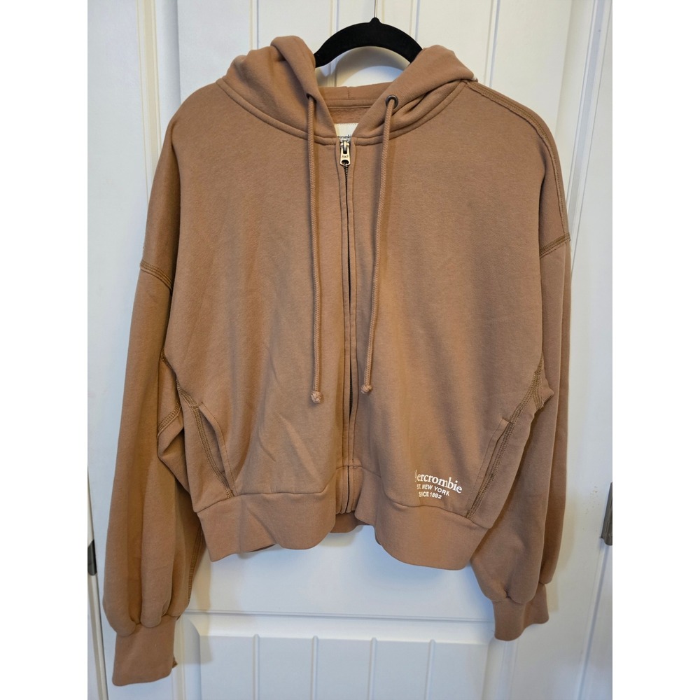 Abercrombie & Fitch Soft A&F Cropped Zip Hoodie XL Brown Oversized Logo Hood